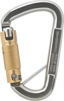 Karabiner D Asymm 3WegeAutolock von Austri Alpin; silberne und goldene Farben; für Klettern geeignet.