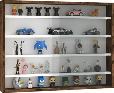 Image de HOMCOM Vitrine pour collection vitrine murale 80 x 9,5 x 60 cm avec 4 étagères réglables en hauteur et 2 portes coulissantes en verre, pour collection de figurines et voitures miniatures, marron