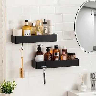 Produktbild von Duschablage ohne Bohren – Schwarze Duschablagen, 2er-Pack mit großem Fassungsvermögen – Rostfrei – Schnelltrocknend – Badezimmer-Duschaufbewahrungssystem mit 4 Haken