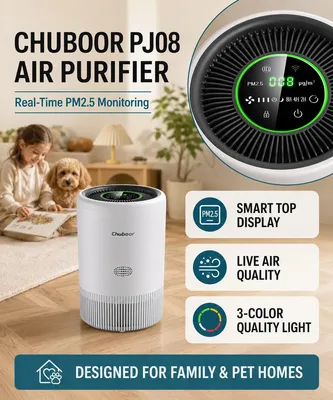 Immagine prodotto di Purificatore d'aria - Modello PJ08 - Filtro HEPA H13 - Controllo tramite app Wi-Fi - CADR 185 m³/h - Adatto per ambienti da 41 a 60 m² - Livello di rumore ≤25 dB - Colore: bianco