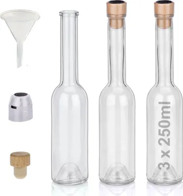 Produktbild von Flaschen Set 3 x 250ml hochwertige Glasflaschen leer mit Korken, Schrumpfkapseln & 1 Trichter für Gin Whisky Schnaps Likör Essig Öl günstige Flaschen Schnapsflaschen