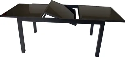 A black glass-topped dining table with extendable sections, shown from a slightly elevated side angle against a white background.