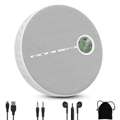 Produktbild von Tragbarer CD Player mit Lautsprecher, Bluetooth, USB & AUX, wiederaufladbar 2000 mAh – kompakte Boombox 14,3×3 cm