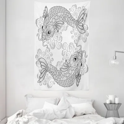 Produktbild von ABAKUHAUS asiatisch Wandteppich und Tagesdecke, Koi Fisch-Muster aus Weiches Mikrofaser Stoff Waschbar ohne Verblassen Digitaldruck, 140 x 230 cm, Grau und Weiß