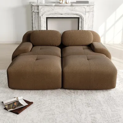 Zdjęcie produktu dla Dwuosobowa sofa z tkaniny sztruksowej, bezramowa, modułowa, z leżanką, antypoślizgowa, 208 x 178 x 75 cm, brązowa