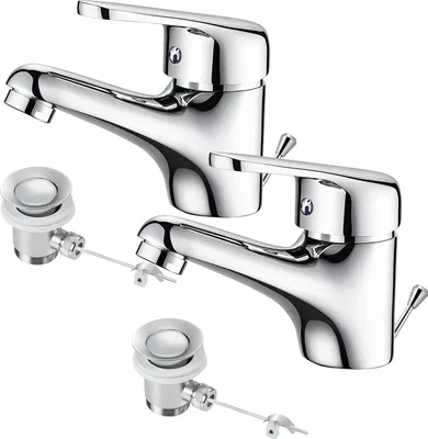 Produktbild von 2PCS Auralum Wasserhahn Bad mit Zugstange, Einhebel-Waschtischarmatur mit Ablaufgarnitur, Waschbecken Armatur Badarmatur Einhandmischer Waschtischmischer für Badezimmer, Chrom