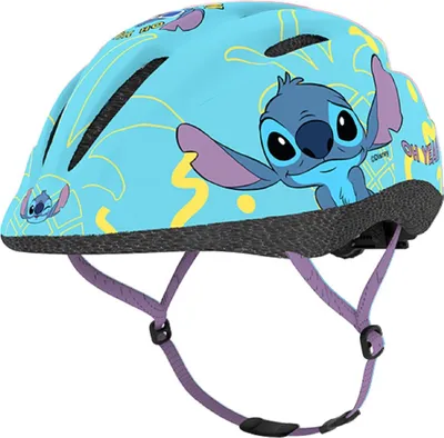 A blue bicycle helmet with Stitch from Lilo & Stitch printed on it.