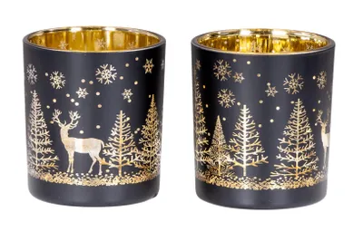Produktbild von 2er Set Teelichthalter Schwarz Gold Winter Landschaft Glas Kerzenhalter Tischdeko Weihnachten Kerzen Deko Wohndeko Kerzenglas