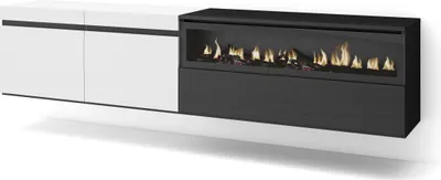 Image de COZY Meuble TV, Banc Télé, 200x35x45cm, Pour les TV jusqu'à 80", Cheminée électrique, Suspendu, Mural, Blanc et noir