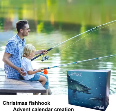 A father and son are fishing on a wooden dock, with a fishing lure advent calendar in the foreground.