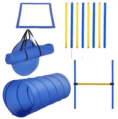 Obrázek produktu pro Sada pro agility pro psy, vysoce kvalitní plastový materiál, tunel o délce 2,4 metru, 1 nastavitelná skoková tyč, 8 slalomových tyčí, přenosná taška se zipem
