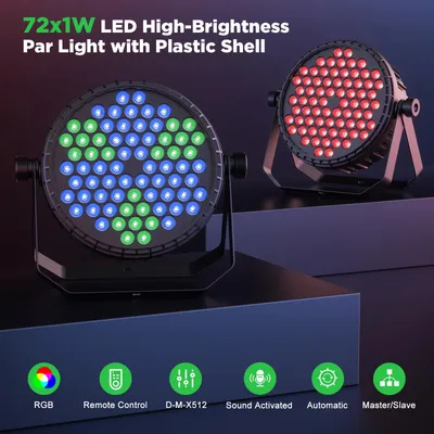 Produktbild von RGB LED PAR Scheinwerfer - 72W DMX512 Bühnenlicht - 72 RGB LEDs - Soundsteuerung & Auto-Modus - Für DJ Disco Party - 4er Set mit EU Stecker
