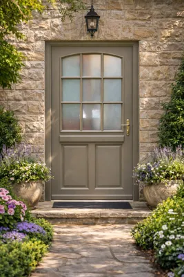 Immagine prodotto di Porta d'ingresso in legno con vetro Alban Grigio Quarzo, H.215xL.90 cm, lato pannello P. sinistra, maniglia, cilindro GD MENUISERIES