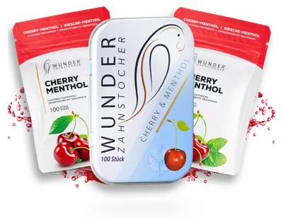 Produktbild von Wunder Zahnstocher mit Geschmack - 300er Vorratspack Kirsche Menthol - anhaltender Geschmack - gegen Nägelkauen - Alternative zu Kaugummi