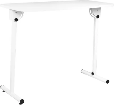 A white folding manicure table with metal legs and a white tabletop.
