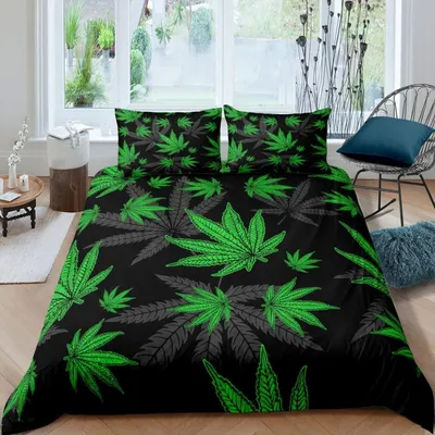 Productafbeelding van Bettenset met cannabisbladeren, 155x220 cm, zwart en grijs, polyester