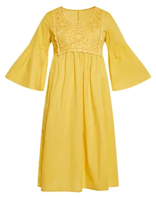 Produktbild von Gelbes Damen Boho-Kleid Größe L mit kurzen Glockenärmeln und floralen Spitzenstickereien