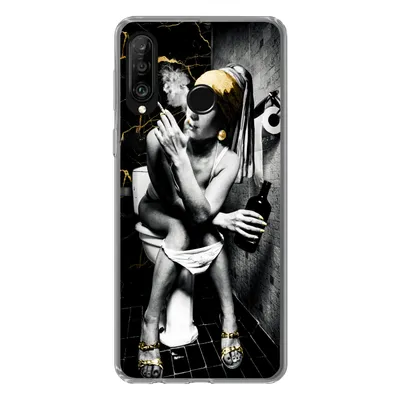 Produktbild von MuchoWow® Handyhülle Schutzhülle Hülle für Huawei P30 Lite Marmoroptik - Mädchen mit Perlenohrring - Zigaretten - Toilette - Gold - Kunst - Alte Meister Silikon Softcase Handy Hülle - Handyhülle