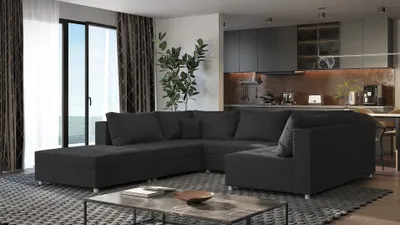 Produktbild von Wohnlandschaft Sofa ANDRO Schlaffunktion und Hocker Stoff Lincoln Schwarz