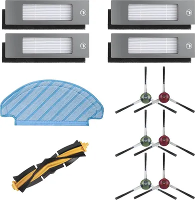 A collection of robot vacuum cleaner accessories, including filters, mop pads, a main brush, and side brushes, arranged on a white background.