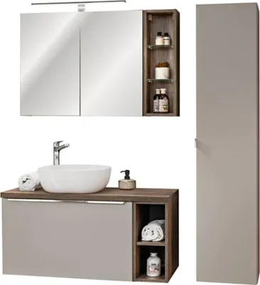 Image de Ensemble VANTA taupe : meuble sous vasque 100cm + vasque à poser + meubles de rangement + miroir + LED