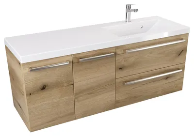Produktbild von ATHD 120 cm DS Wandhängender Waschtisch rechts mit Waschbecken - Evoke Matt Eiche - Griffe aus gebürstetem Edelstahl