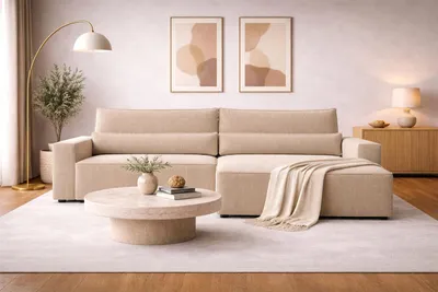 Produktbild von MOEBLO Ecksofa DENVER L – Ottomane beidseitig montierbar, Ecksofa aus Cord, Couch für Wohnzimmer, Schlafsofa Sofagarnitur Sofa Eckcouch L-Form Cordstoff mit Bettkasten und Schlaffunktion - Poso 02 Dunkelbeige