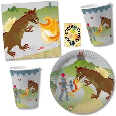 Produktbild von Drachen und Ritter Party-Set 36tlg. für 8 Gäste : Teller Becher Servietten