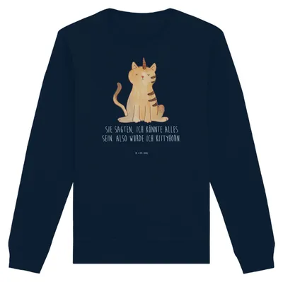 Produktbild von Mr. & Mrs. Panda Baumwoll Pullover Einhorn Katze Größe S - French Navy - Geschenk, Unicorn, Sweatshirt, Regenbogen, Glitzer, Mieze, Pulli, Bio, Sweater