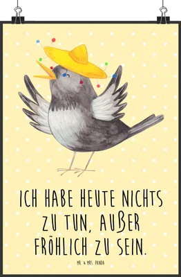 Produktbild von Mr. & Mrs. Panda Bild Rabe Sombrero DIN A0 - Gelb Pastell - Geschenk, wanddeko, Lustige Sprüche, glücklich sein, Motivation, wandkunst, drucke, Elster, Posterdruck, Vögel