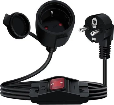 Zdjęcie produktu dla Przedłużacz Schuko ze włącznikiem, 16A, 250V - wtyk pod kątem 90 stopni - IP44, do użytku wewnątrz i na zewnątrz
