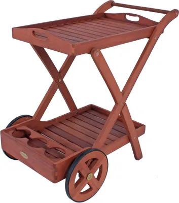 A wooden serving trolley with two shelves and wheels, shown against a white background.