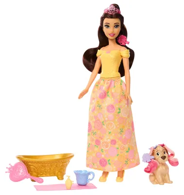 Produktbild von Disney Prinzessin Baden und Bürsten Belle-Modepuppe mit Hündchen (mit Farbwechseleffekt und Zubehör)