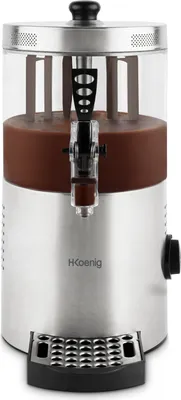 A stainless steel and transparent hot chocolate dispenser with a brown chocolate inside.