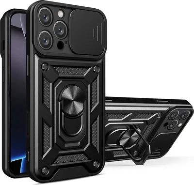 Obrázek produktu pro Pouzdro pro iPhone 16 Pro, TPU Nárazník Silikonové Pouzdro s Kroužkem Stojánek, Ochrana Kamery Černý