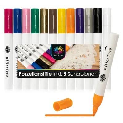 Produktbild von OfficeTree 12 x Porzellan Stifte 5 x Schablonen - Glasmalstifte Set Wasserbasis