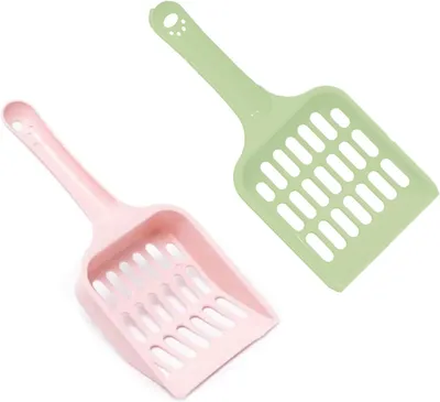 Produktbild von Set mit 2 robusten Katzenstreuschaufeln aus Kunststoff, leicht zu reinigen, rosa und grün