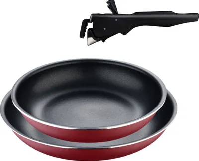 Produktbild von Bergner Click&Cook Red Edition Pfannenset 3-teilig 22 und 26 cm + abnehmbarer Ergonomischer Griff Gepresstes und antihaftbeschichtetes Aluminium für alle Herdarten und Backöfen