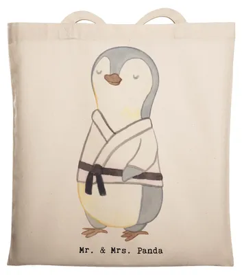 Produktbild von Mr. & Mrs. Panda Tote Bag Pinguin Karate - Transparent - Geschenk, Shopping Tasche, Laptoptasche, Selbstverteidigung, Jutebeutel, Verein, Kampfsportart, Stoffbeutel