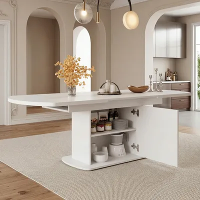 Obrázek produktu pro Rozkládací jídelní stůl, rozměry 140–200 x 80 x 75 cm, oválný jídelní stůl s úložnými prostory a skříňkami, deska stolu z překližky s kovovým rámem, bílá barva s chromovanou rukojetí