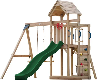 Produktbild von AXI Moos Spielturm aus Holz mit 2 Schaukeln & Strickleiter | XXL Spielhaus / Spielplatz für Kinder mit Kletterwand, Sandkasten & Rutsche in Grün |