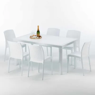 Image de Blanc Table rectangulaire et 6 chaises Ensemble de mât extérieur en polypropylène coloré Grand Soleil Boheme Summerlife - Blanc