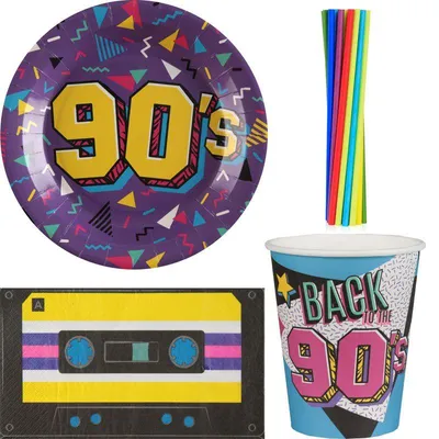 Produktbild von 90er Jahre Party Einweggeschirr Partygeschirr Deko Set Partyset 90s Dekoration Teller Becher Servietten