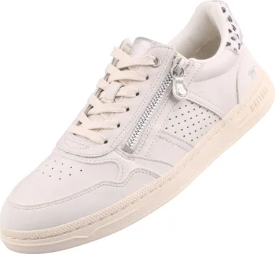 A white sneaker with a zipper detail and a patterned heel accent.