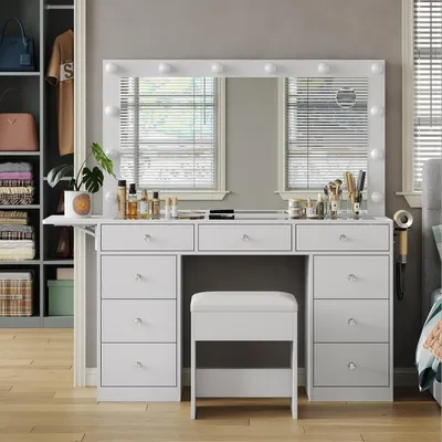 Image de Table de maquillage avec miroir, 12 LED, prise électrique, 9 tiroirs, étagère rabattable, 3 modes d'éclairage, blanc
