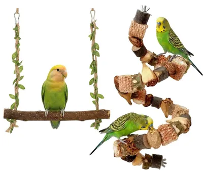 Productafbeelding van 2-delige set vogel speelgoed voor parkieten, bestaande uit een zitstok van 50 cm en een schommel van 18 cm