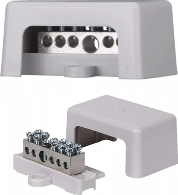 A product shot of an electrical grounding bar with its cover.