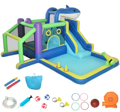 Produktbild von 8-in-1 aufblasbar Hüpfburg mit Hai-Design Gebläse Rutsche Planschbecken Trampolin für 3–8 Jahre 405x345x235cm Mehrfarbig