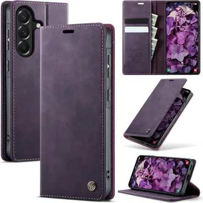 Immagine prodotto di Custodia in pelle per Samsung Galaxy A57, protezione RFID, chiusura magnetica, scomparti per carte e funzione supporto Viola
