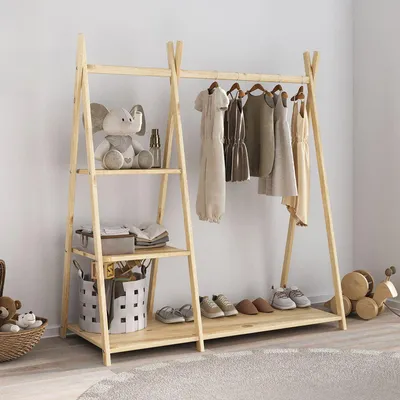 Produktbild von Kindergarderobe LOTTE mit 1 Kleiderstange & 4 Ablageböden in natur lackiert. Montessori Design, freistehender Kleiderständer für Kinderzimmer aus Massivholz.